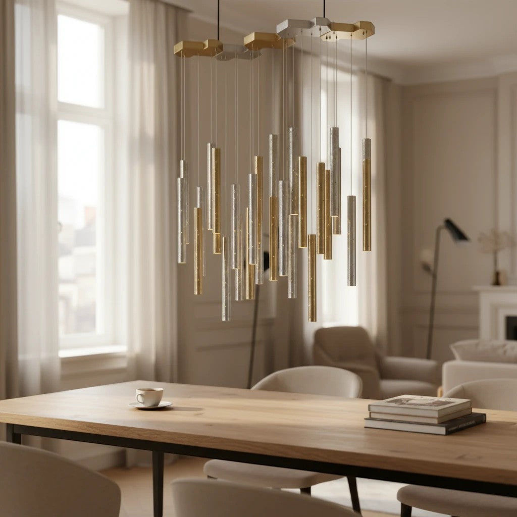 Lustre moderne Dimoree en acier bicolore or et argent suspendu au-dessus d'une table en bois dans un salon élégant