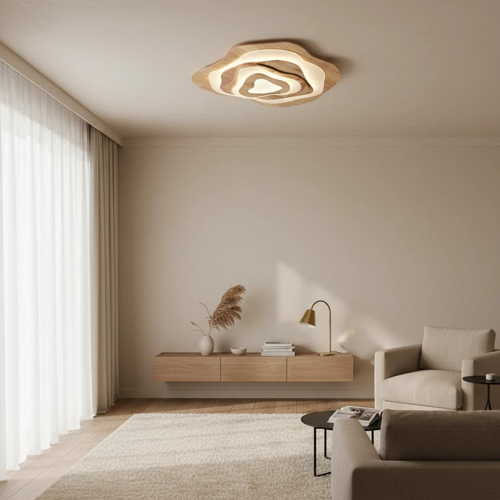 Plafonnier LED Dimoree en forme de nuage en bois clair installé au plafond d'un salon moderne et chaleureux