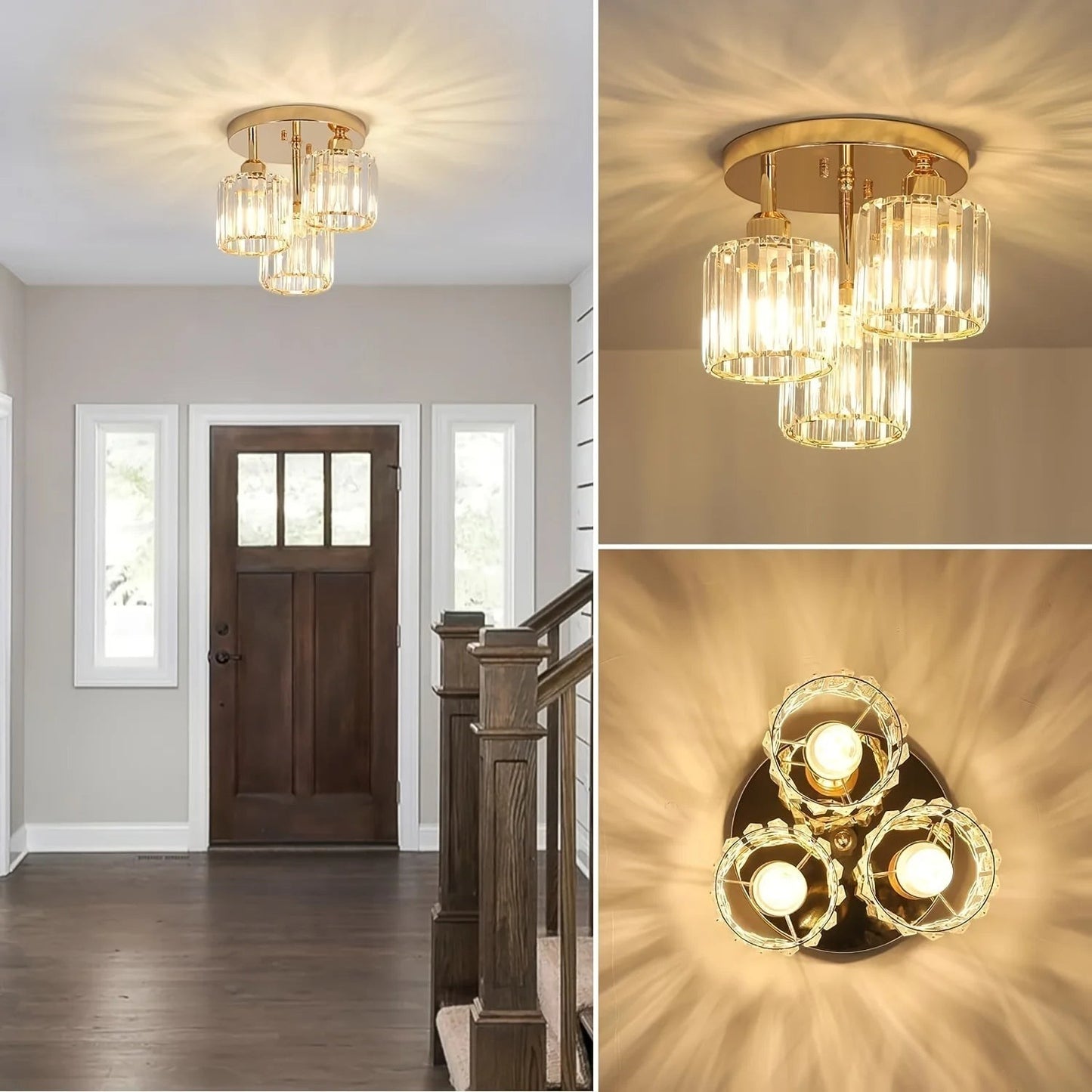 Plafonnier moderne Dimoree en fer doré et cristal, design élégant à trois lampes pour salon ou entrée