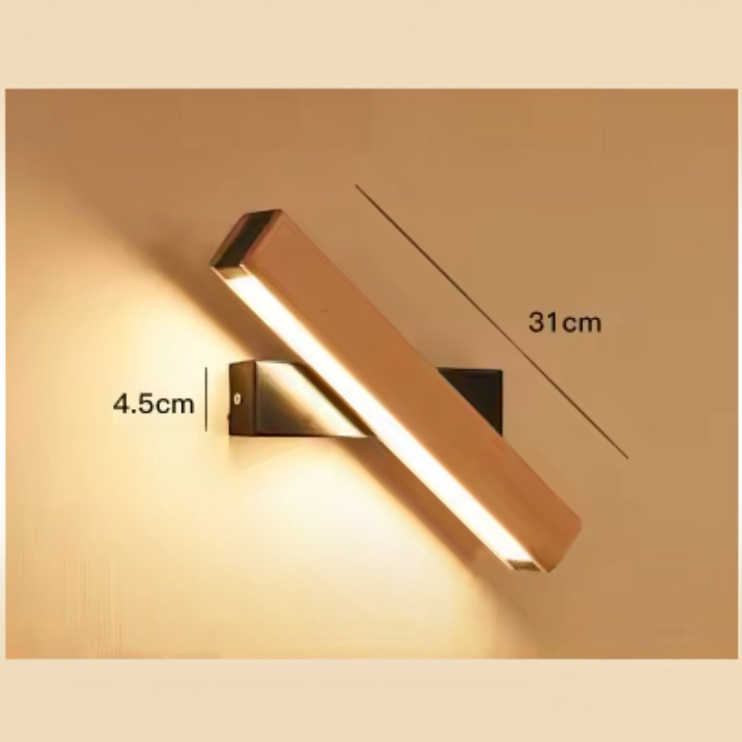 Applique murale Dimoree en bois rotative avec éclairage LED chaud, design moderne et dimensions indiquées