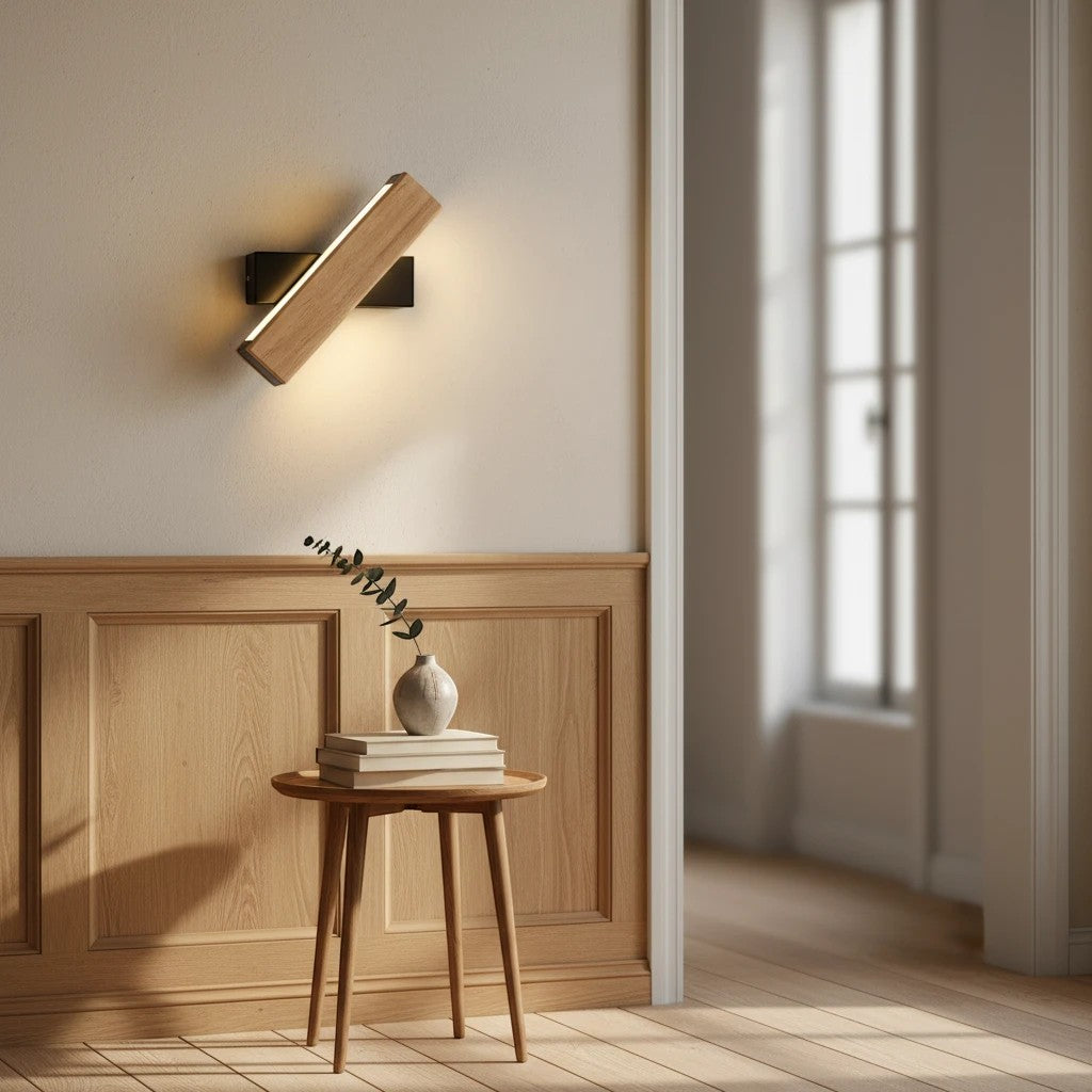 Applique murale Dimoree rotative en bois clair et métal noir installée sur un mur au-dessus d'une table basse en bois