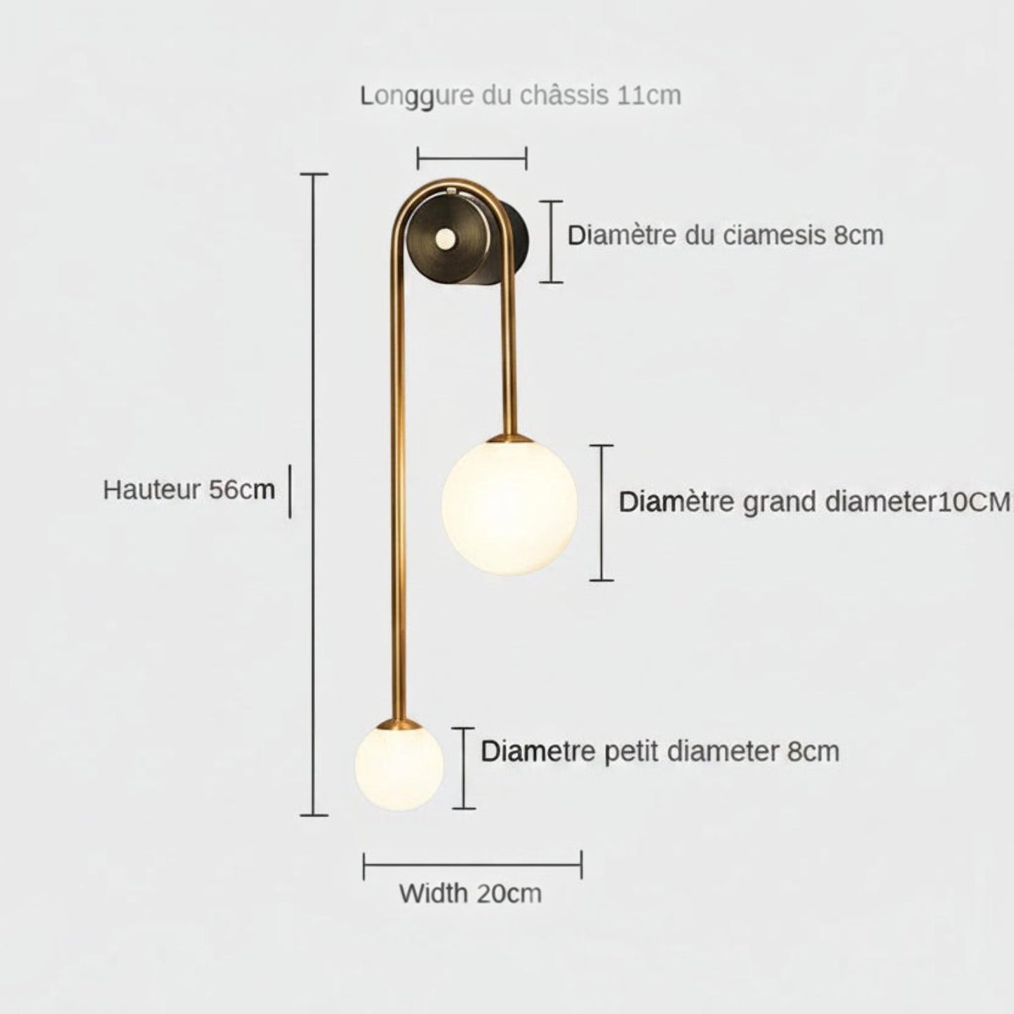 Applique murale Dimoree design à deux sphères lumineuses en verre blanc et structure dorée avec dimensions techniques.
