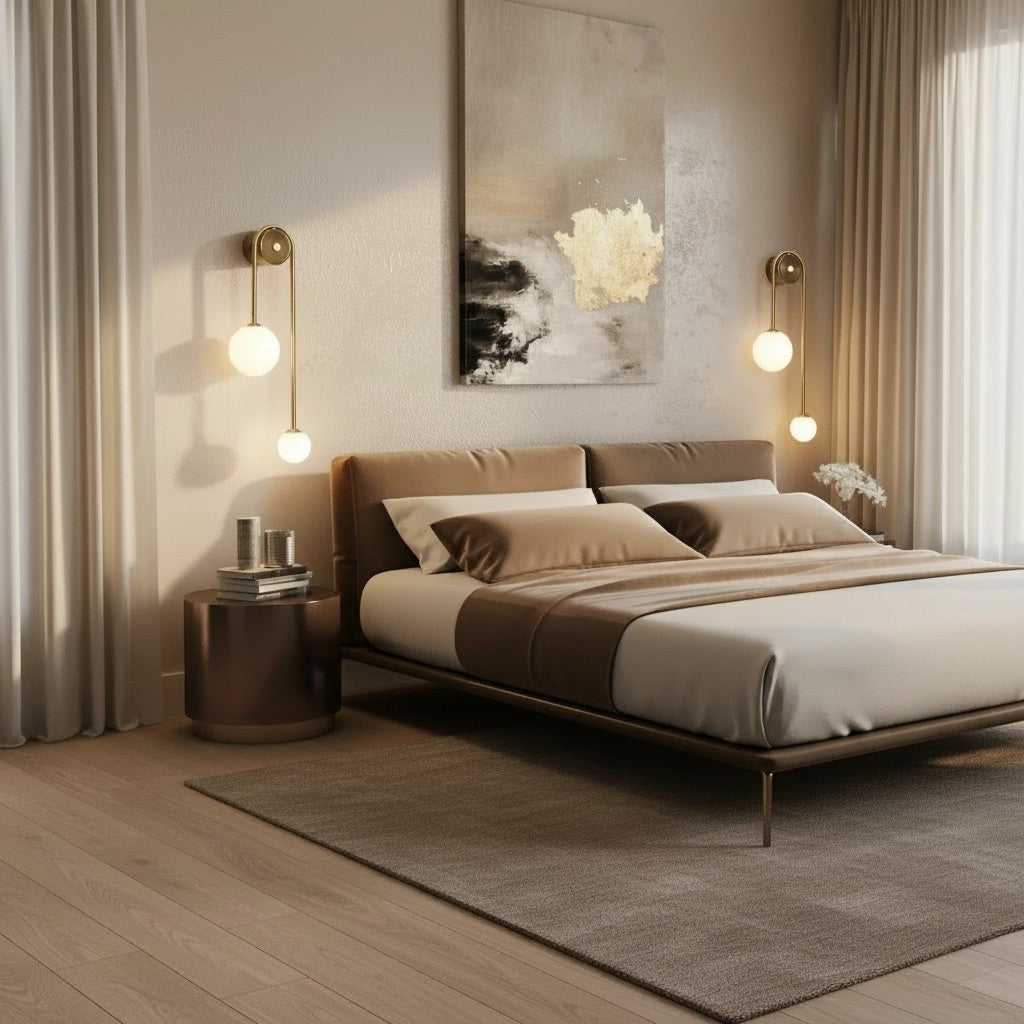 Applique murale Dimoree design à deux sphères lumineuses dorées installée dans une chambre à coucher moderne et élégante.