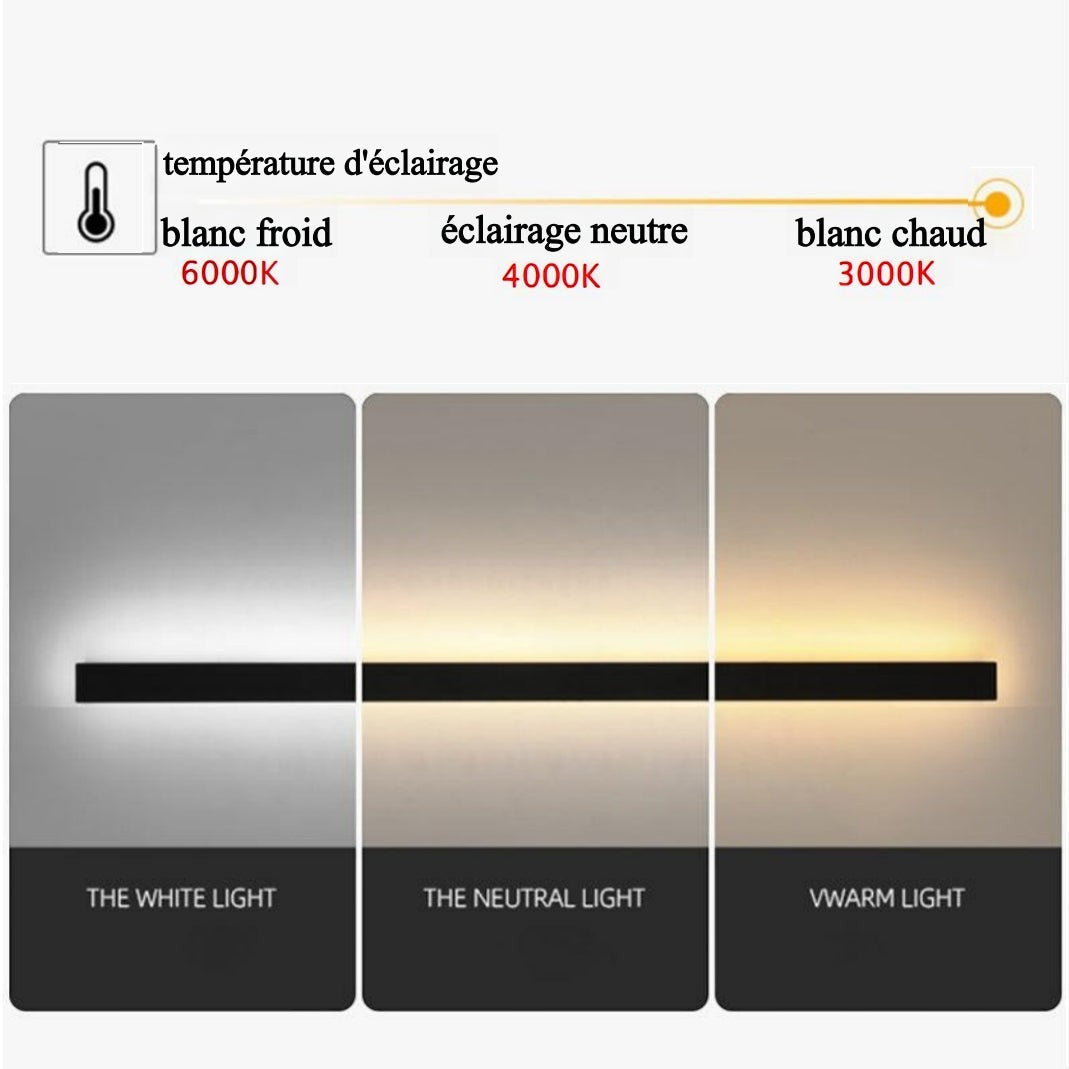 Applique murale Dimoree minimaliste en métal noir avec trois options de température de couleur LED pour extérieur