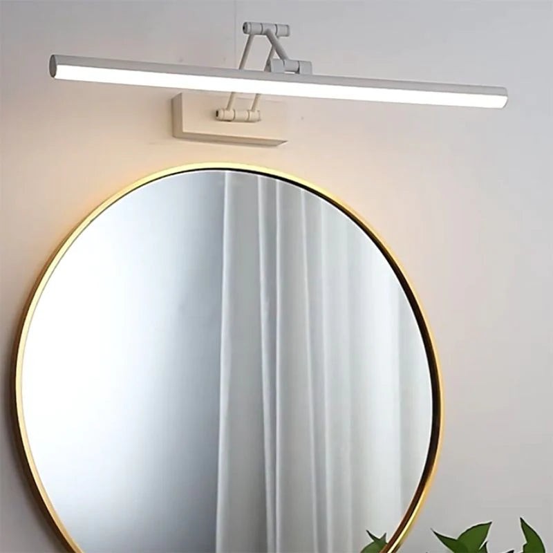 Applique murale linéaire Dimoree blanche réglable au-dessus d'un miroir rond doré pour un éclairage moderne