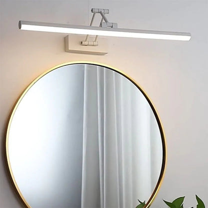 Applique murale linéaire Dimoree blanche réglable au-dessus d'un miroir rond doré pour un éclairage moderne