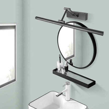 Applique murale linéaire Dimoree noire réglable au-dessus d'un miroir rond et d'une étagère dans une salle de bain