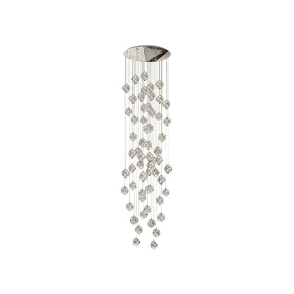Grand lustre Dimoree en cascade avec sphères en cristal et base en métal chromé pour un éclairage contemporain luxueux
