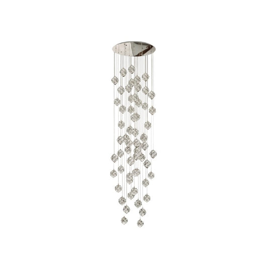 Grand lustre Dimoree en cascade avec sphères en cristal et base en métal chromé pour un éclairage contemporain luxueux