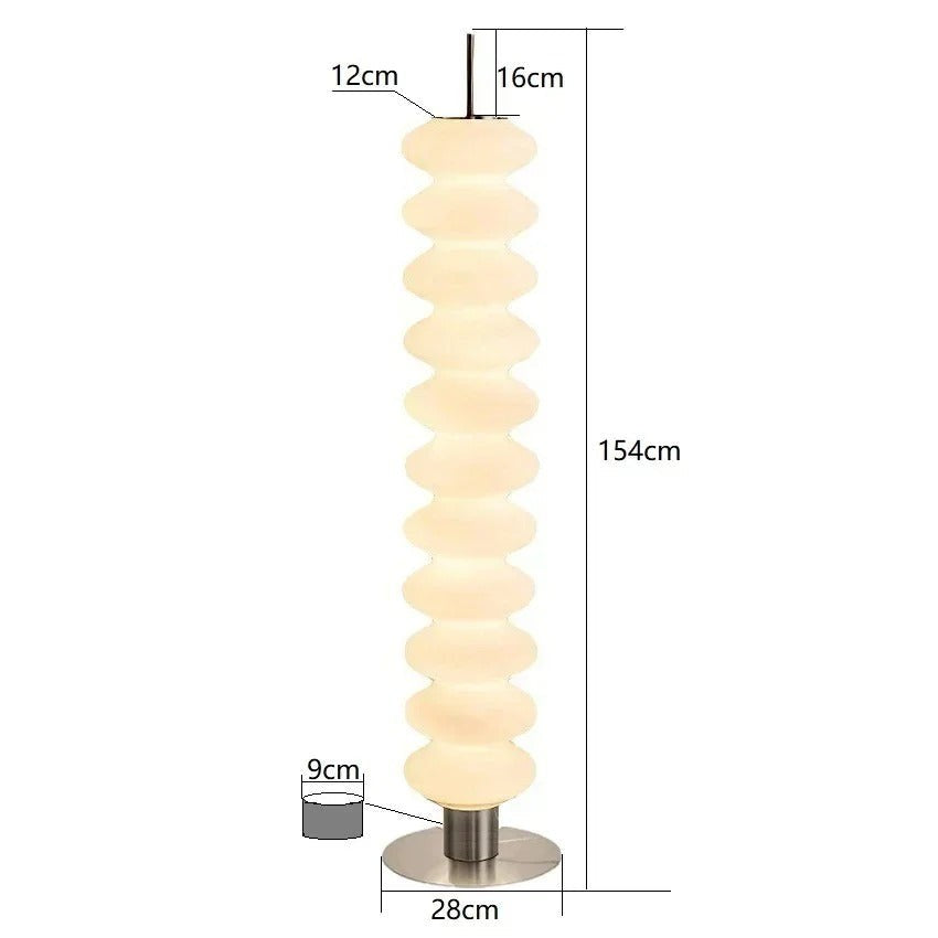 Lampadaire design Dimoree en acrylique blanc avec base ronde métallique et dimensions techniques détaillées