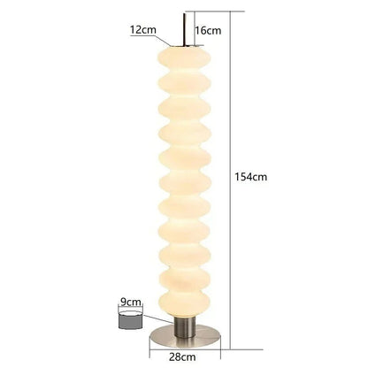 Lampadaire design Dimoree en acrylique blanc avec base ronde métallique et dimensions techniques détaillées