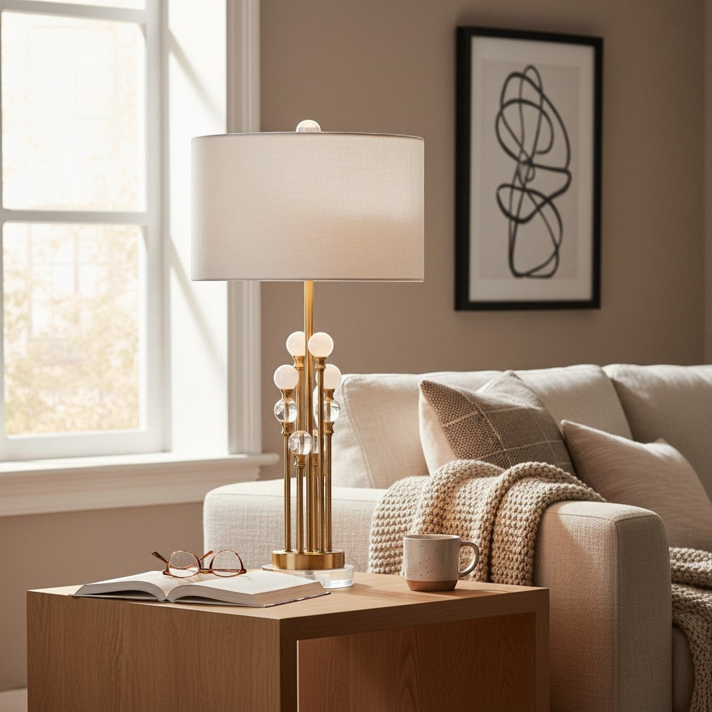 Lampe à poser Dimoree en cristal et métal doré, style art déco, pour salon.