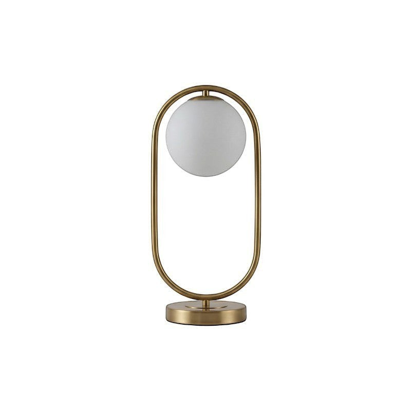Lampe à poser LED Dimoree au design ovale moderne avec structure dorée et globe en verre dépoli blanc