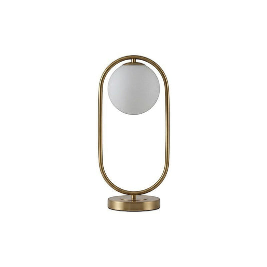 Lampe à poser LED Dimoree au design ovale moderne avec structure dorée et globe en verre dépoli blanc