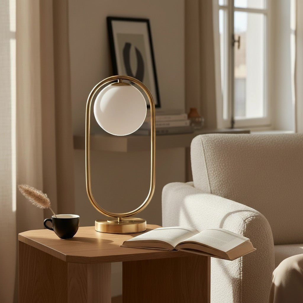 Lampe à poser LED Dimoree au design ovale moderne avec structure dorée et globe en verre blanc sur une table en bois