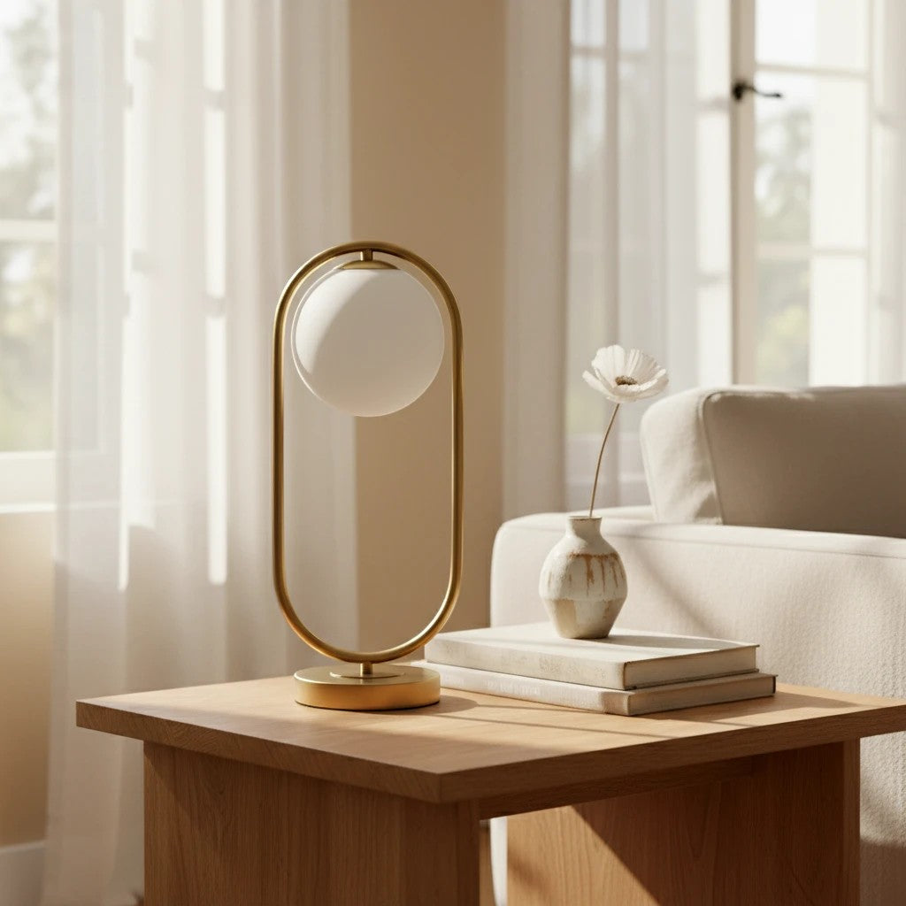 Lampe à poser LED Dimoree avec globe en verre blanc et structure ovale en métal doré sur une table en bois