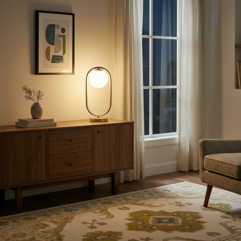 Lampe à poser LED Dimoree au design moderne avec globe lumineux sur un buffet en bois dans un salon chaleureux
