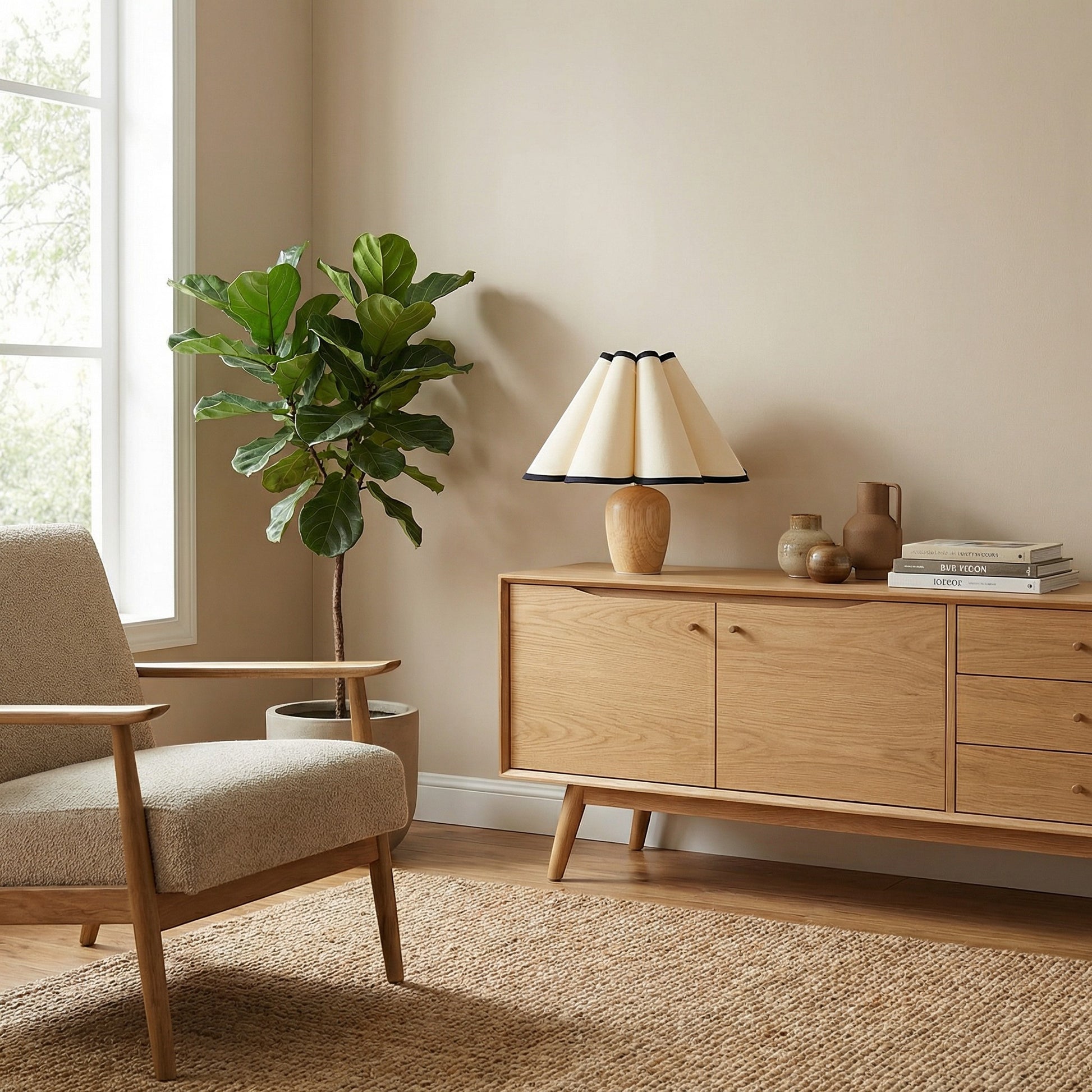 Lampe de table Dimoree avec base en bois clair et abat-jour plissé crème à liseré noir sur un buffet en bois