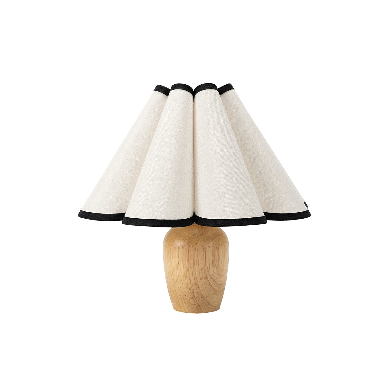 Lampe de table Dimoree avec base en bois clair et abat-jour plissé blanc à bordure noire pour une ambiance cosy
