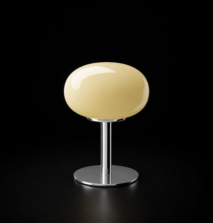 Lampe de table Dimoree en verre soufflé crème avec base en métal chromé au design organique et moderne