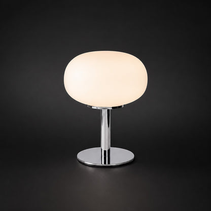Lampe de table Dimoree en verre soufflé orange avec pied en métal chromé au design moderne et organique