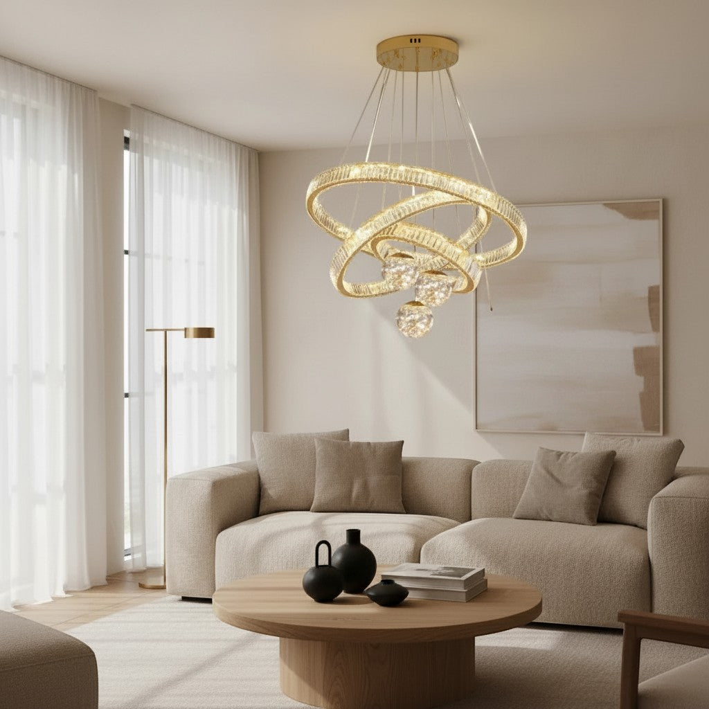 Lustre moderne Dimoree en cristal doré avec suspension en cascade pour un éclairage élégant de salon