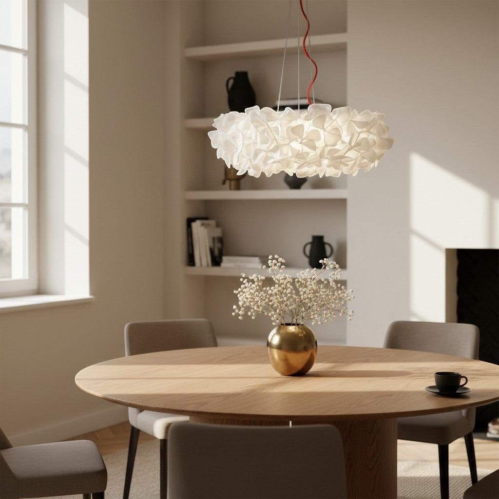 Dimoree lustre moderne blanc en cristal taillé, design floral, idéal pour salon et salle à manger.