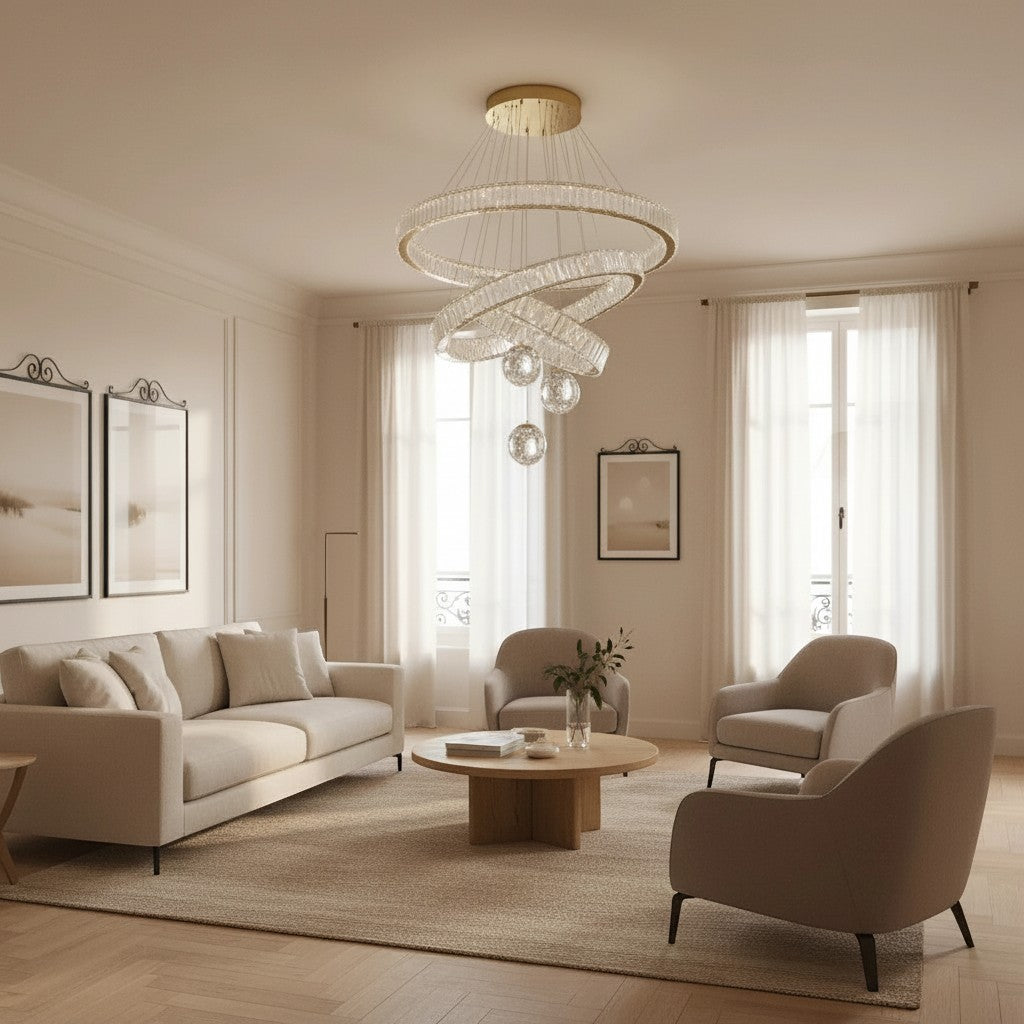 Lustre Dimoree en cristal moderne avec anneaux lumineux suspendus dans un salon élégant aux tons neutres