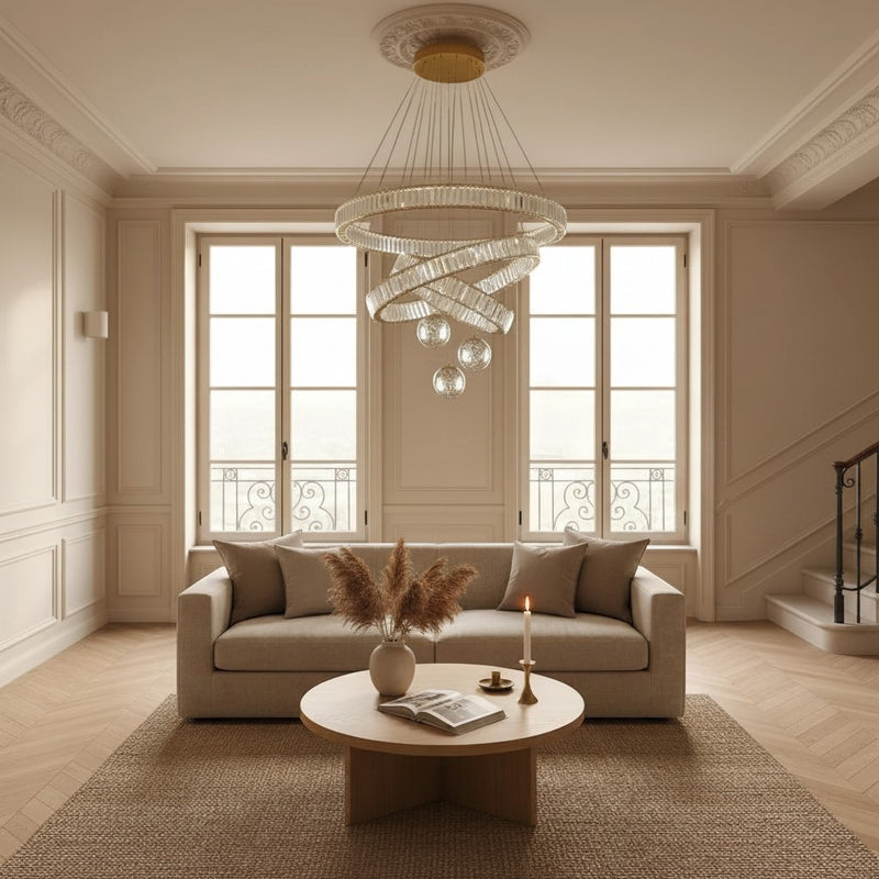 Lustre en cristal Dimoree moderne en spirale suspendu au-dessus d'un canapé beige dans un salon élégant et lumineux.