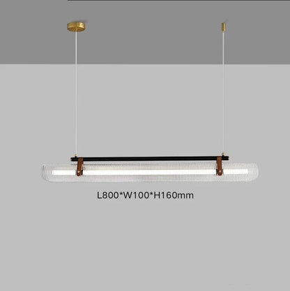 Lustre LED Dimoree minimaliste en verre strié avec structure noire et détails en cuir pour salon ou salle à manger