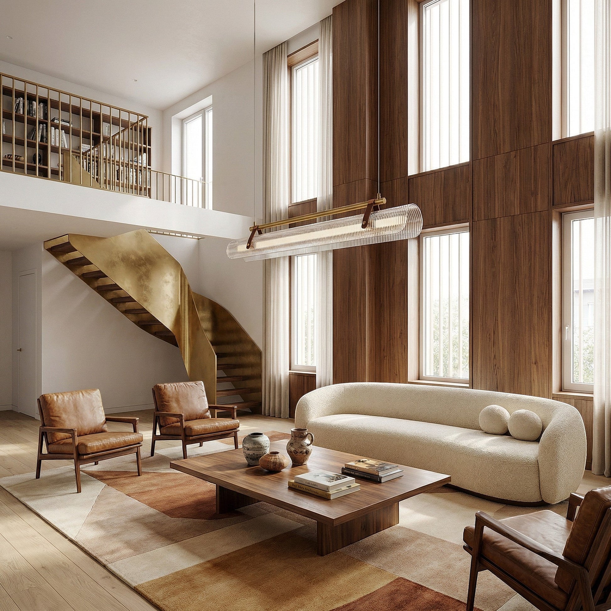 Lustre LED Dimoree en verre minimaliste suspendu au-dessus d'un salon moderne avec canapé crème et fauteuils en cuir