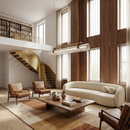 Lustre LED Dimoree en verre minimaliste suspendu au-dessus d'un salon moderne avec canapé crème et fauteuils en cuir