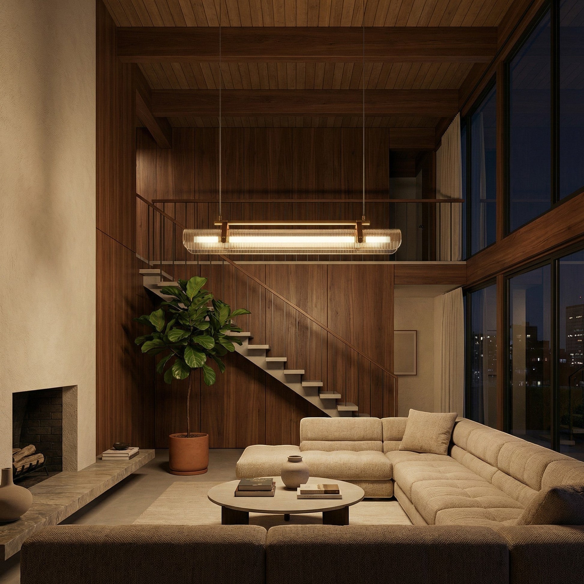 Lustre LED Dimoree en verre strié suspendu au-dessus d'un salon moderne avec murs en bois et canapé beige