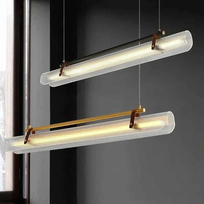 Lustre LED Dimoree minimaliste avec tubes en verre strié et structure en métal doré pour salle à manger moderne