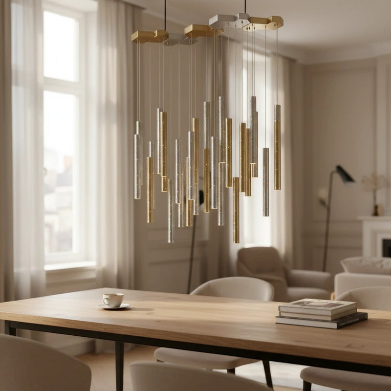 Lustre moderne Dimoree en acier bicolore or et argent suspendu au-dessus d'une table en bois dans un salon élégant