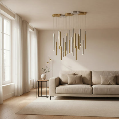 Lustre moderne Dimoree en acier doré et argenté suspendu au-dessus d'un canapé beige dans un salon contemporain lumineux