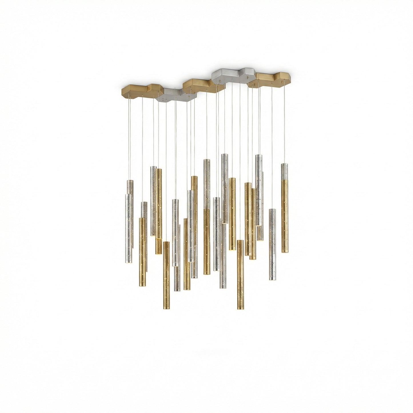 Lustre moderne Dimoree en acier doré et argenté avec des tubes suspendus pour salon et salle à manger