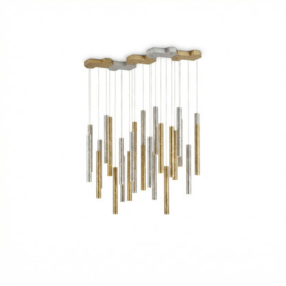 Lustre moderne Dimoree en acier doré et argenté avec des tubes suspendus pour salon et salle à manger