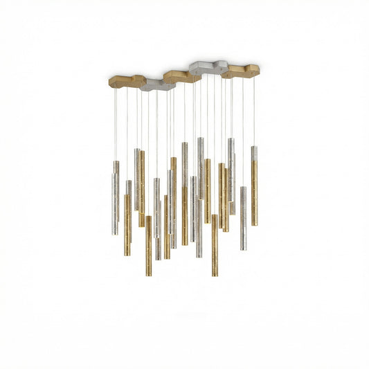 Lustre moderne Dimoree en acier doré et argenté avec des tubes suspendus pour salon et salle à manger