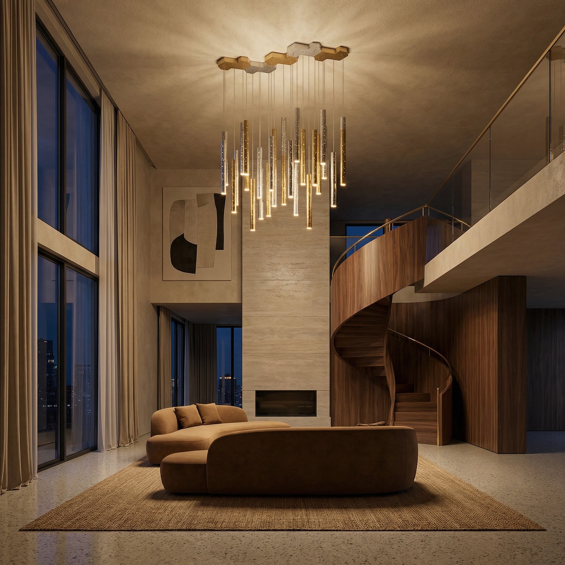 Lustre moderne Dimoree en acier suspendu au-dessus d'un salon contemporain avec escalier en bois et canapé arrondi