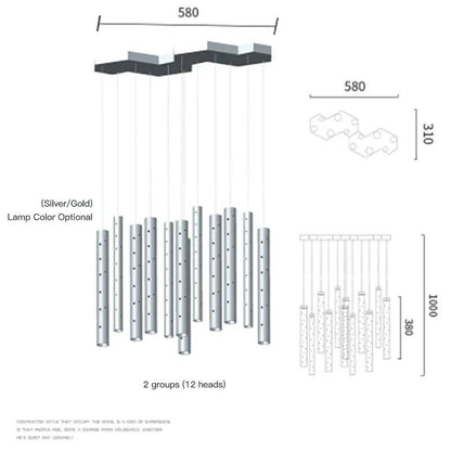 Schéma technique du lustre moderne en acier Dimoree avec 12 tubes lumineux pour salon et salle à manger
