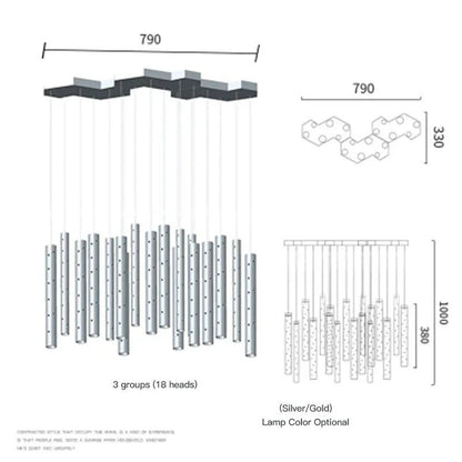 Schéma technique du lustre moderne Dimoree en acier avec 18 têtes lumineuses, dimensions et détails de conception.