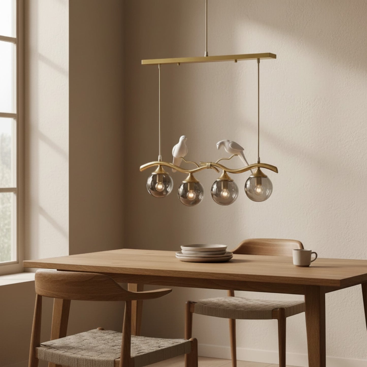 Lustre moderne Dimoree en métal doré avec globes en verre et figurines d'oiseaux au-dessus d'une table en bois