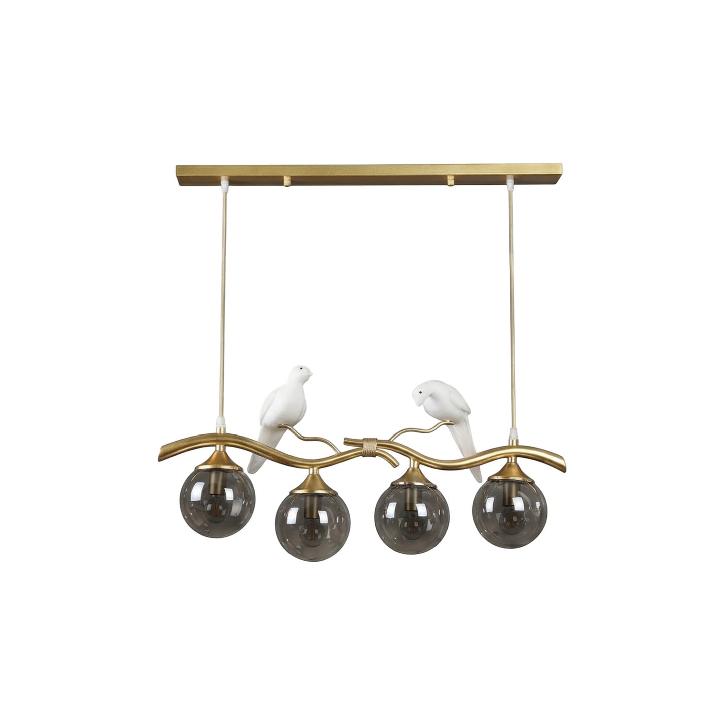 Lustre moderne Dimoree en métal doré avec quatre globes en verre fumé et deux figurines d'oiseaux blancs décoratifs