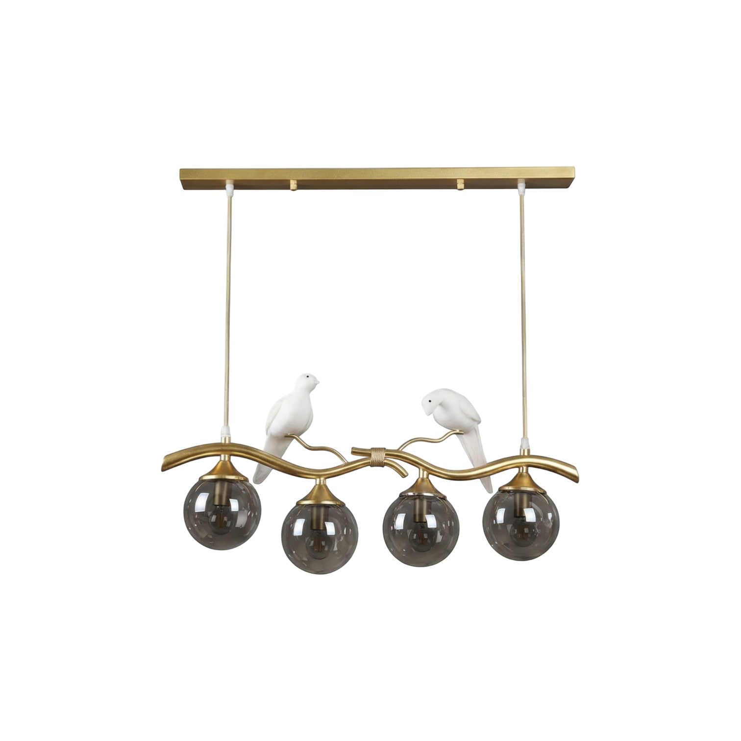 Lustre moderne Dimoree en métal doré avec quatre globes en verre fumé et deux figurines d'oiseaux blancs décoratifs