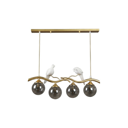 Lustre moderne Dimoree en métal doré avec quatre globes en verre fumé et deux figurines d'oiseaux blancs décoratifs