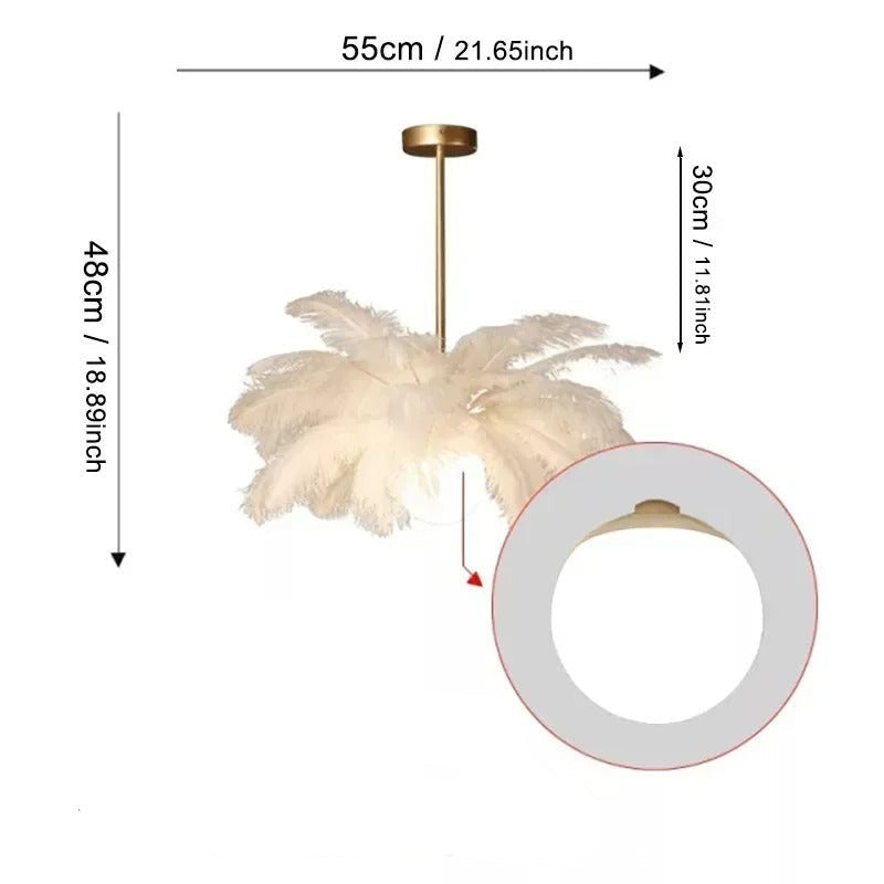 Lustre moderne Dimoree en plumes blanches avec support doré, dimensions indiquées pour salon et salle à manger