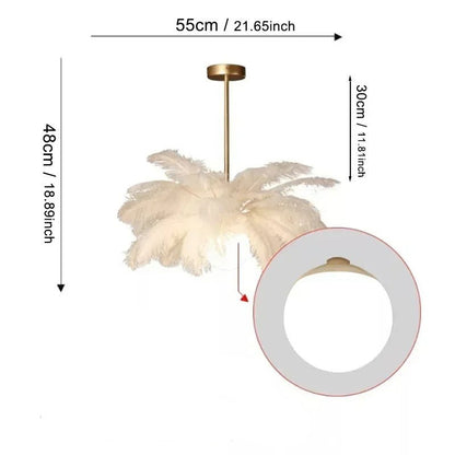 Lustre moderne Dimoree en plumes blanches avec support doré, dimensions indiquées pour salon et salle à manger