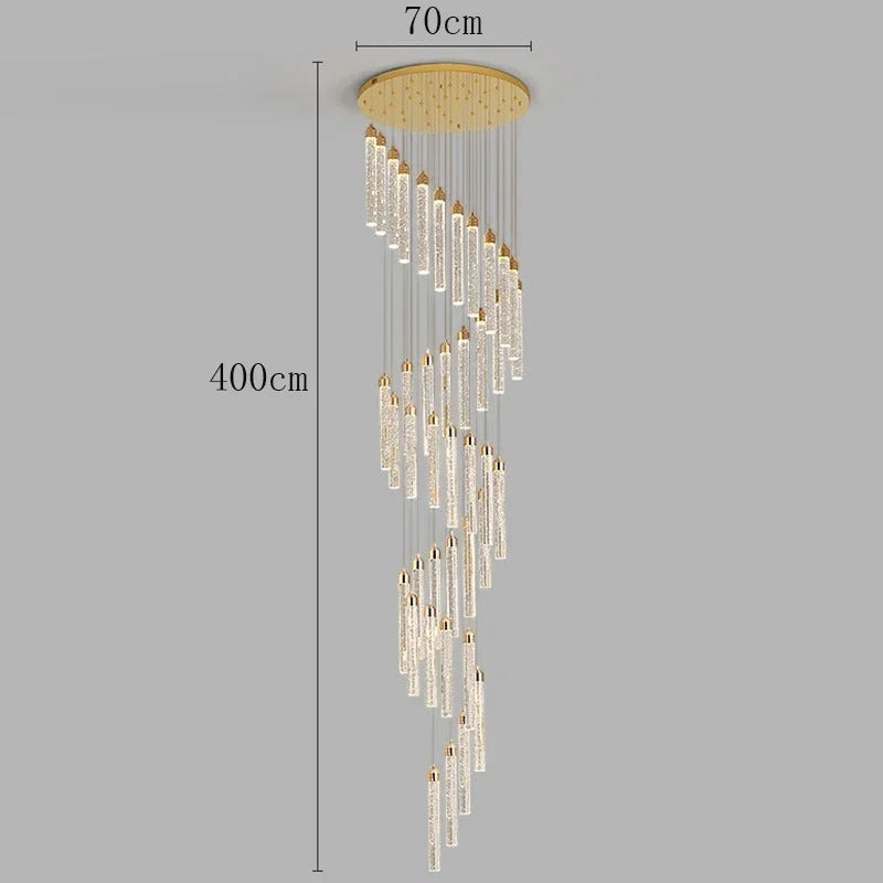Lustre suspendu Dimoree en spirale doré avec diffuseurs en verre texturé pour salon à haut plafond