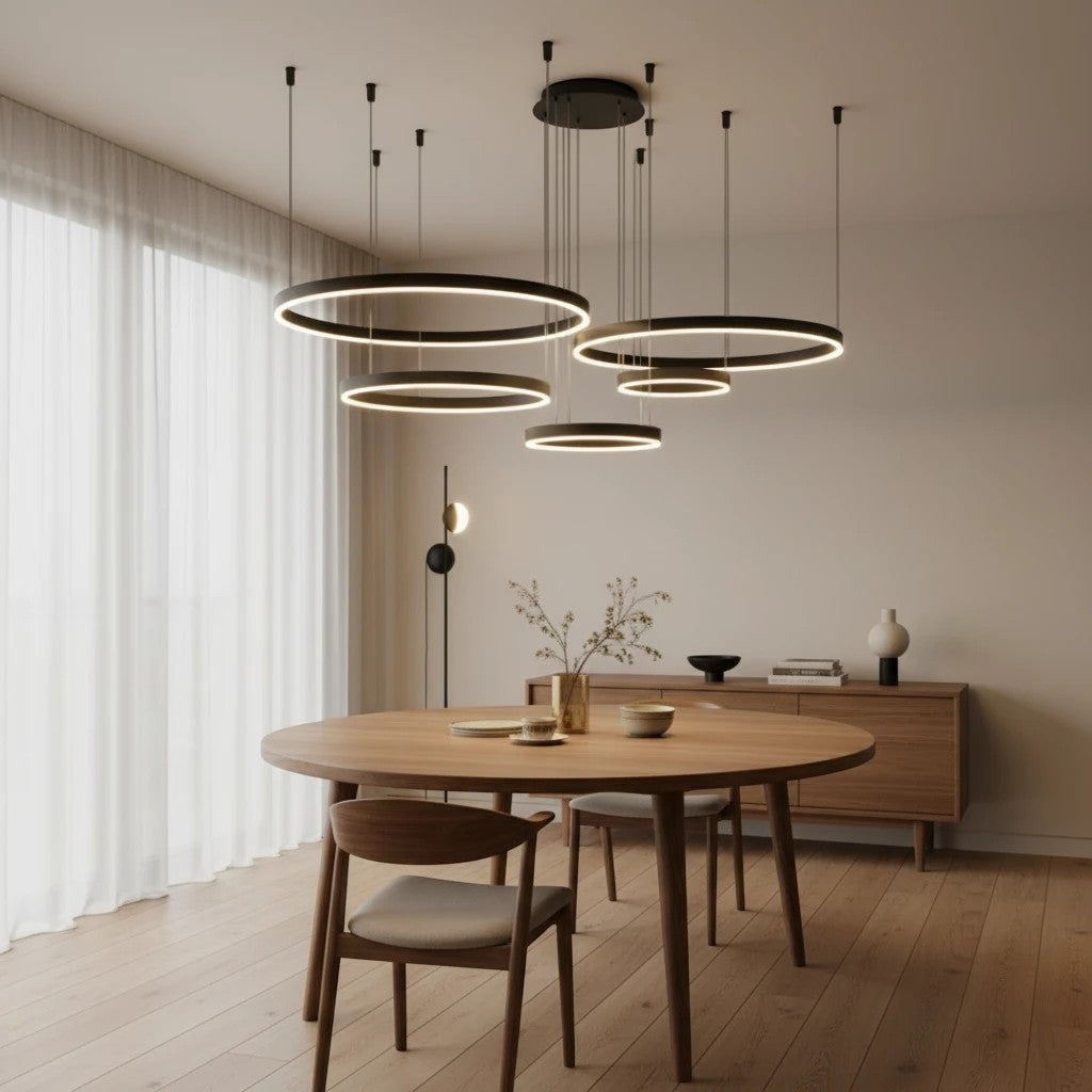 Lustre suspendu Dimoree à anneaux LED noirs modernes au-dessus d'une table à manger en bois dans un salon élégant